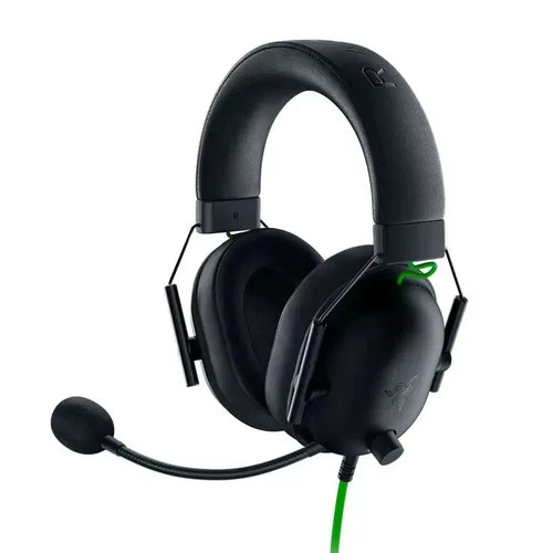 Black gaming headset with microphone on a white background