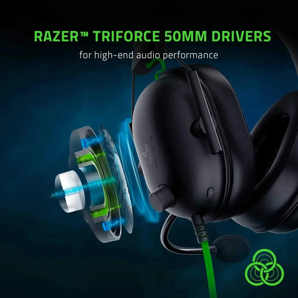 Razer gaming headset with Razer Triforce 50mm drivers on a dark background