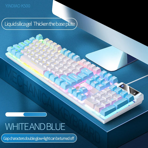 Mechanical keyboard with white and blue keys on a blue surface, featuring text about liquid silicagel and base plate thickness.