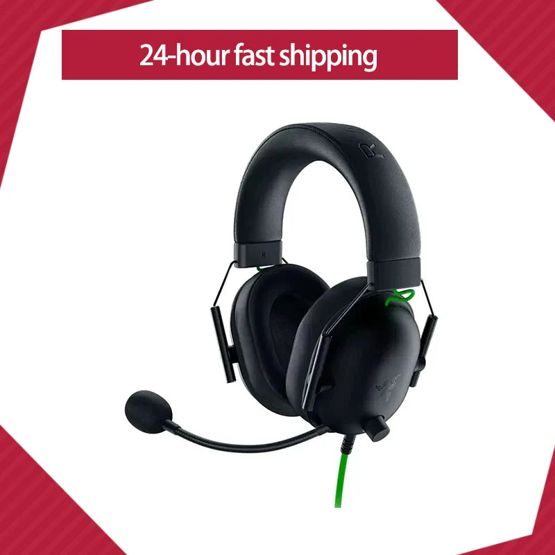 Black gaming headset with microphone on a white background, featuring 24-hour fast shipping text.
