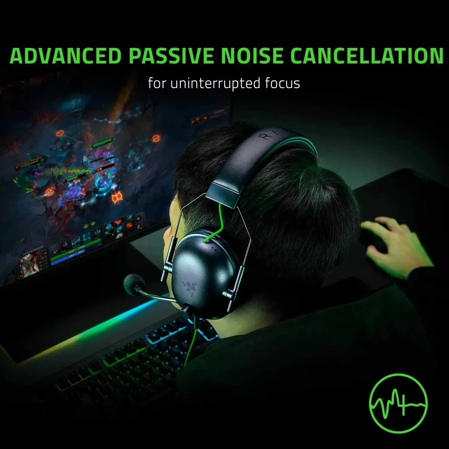 Person wearing a gaming headset with text about advanced passive noise cancellation.