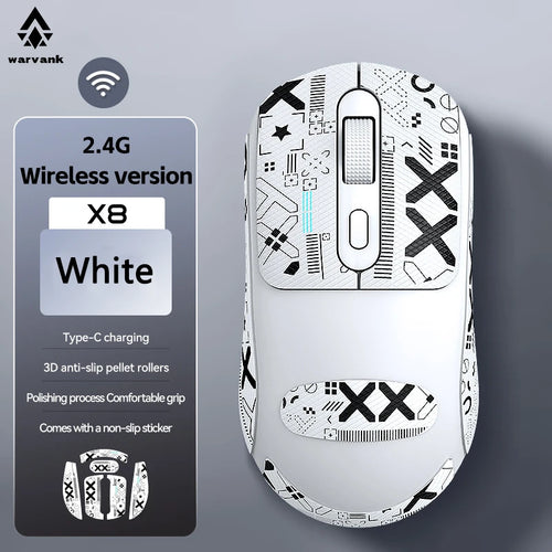 White gaming mouse with black patterns and product details on a gray background