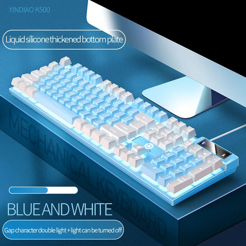 Mechanical keyboard with blue and white design on a dark background