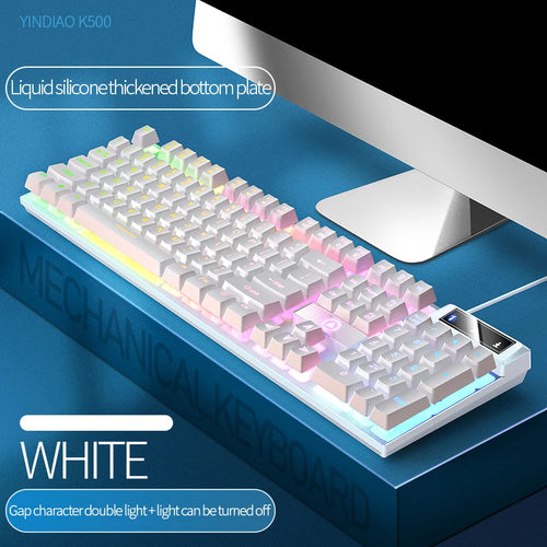 Mechanical keyboard with RGB lighting on a blue surface, featuring text about its features.