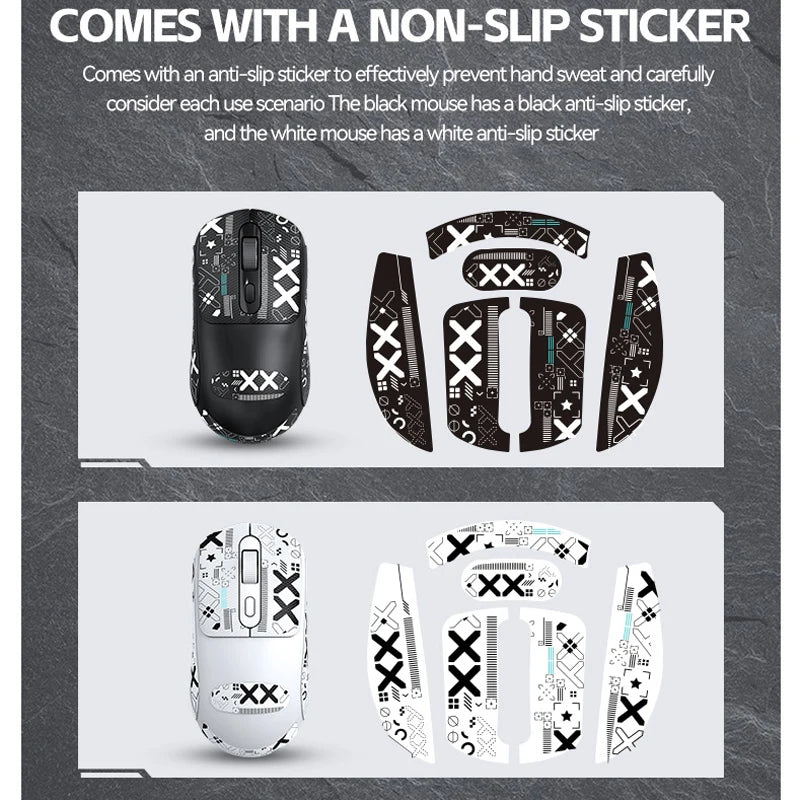 Two gaming mice with anti-slip stickers on a gray background