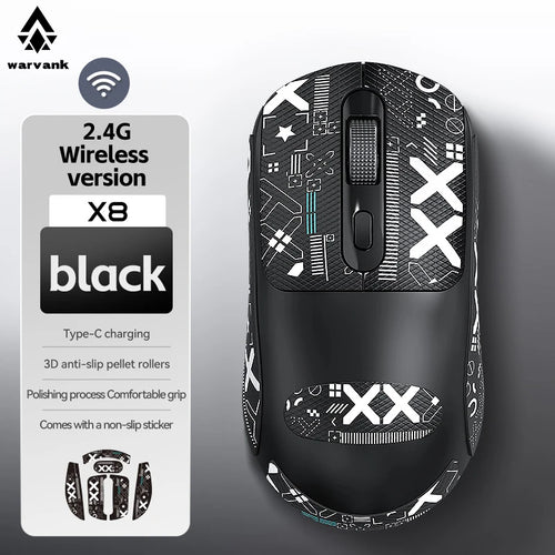 Black gaming mouse with geometric pattern and Warvank branding on a gray background