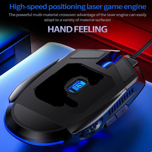 Gaming mouse with blue lighting on a dark background, featuring text about laser game engine capabilities.