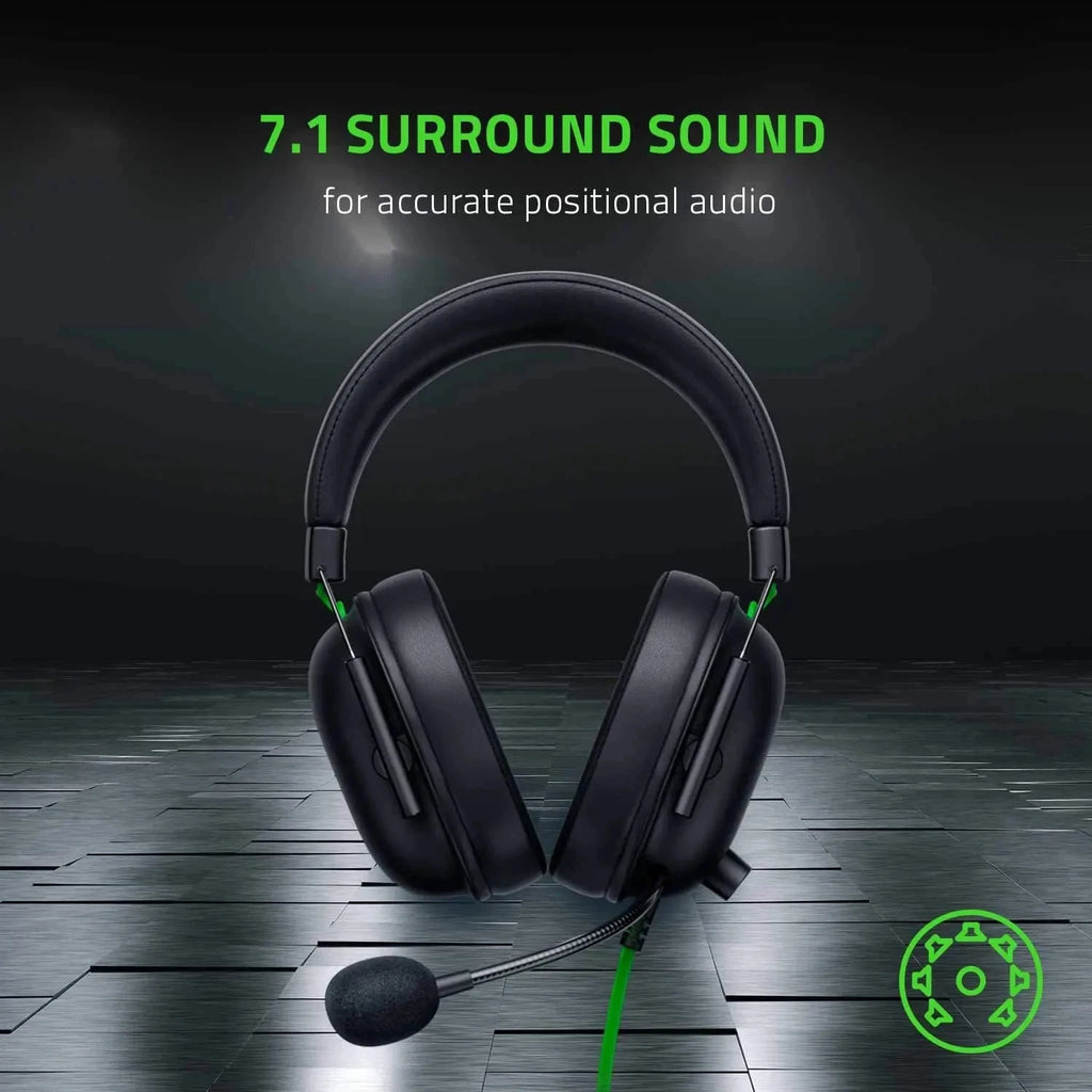 Gaming headset with 7.1 surround sound feature on a dark background