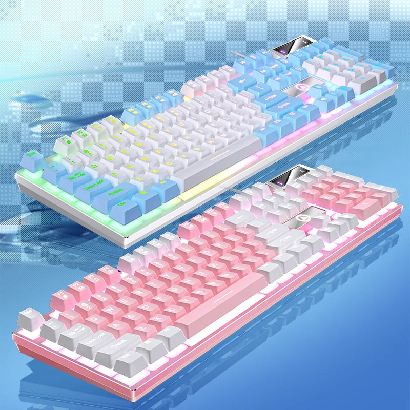 Two colorful mechanical keyboards on a reflective surface with a gradient blue background