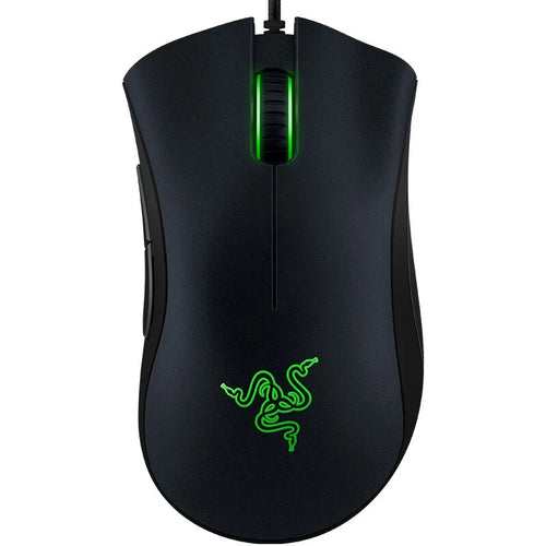 Black gaming mouse with green accents and Razer logo on a white background