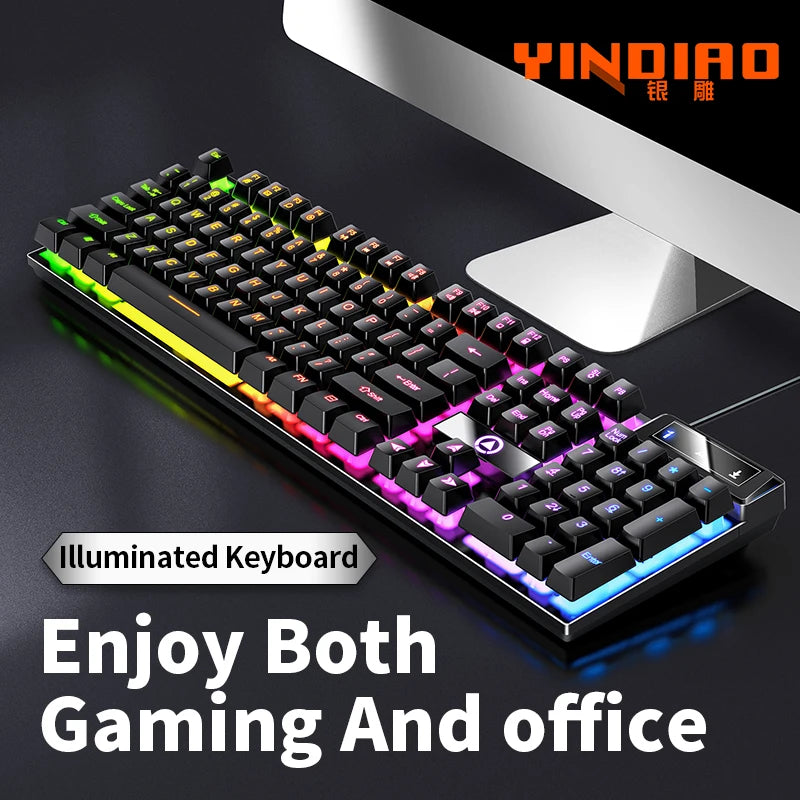 Illuminated keyboard with colorful backlighting on a dark surface, featuring the brand 'YINDIAO'.