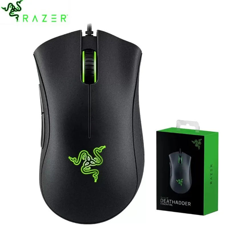 Black Razer gaming mouse with green logo and packaging on a white background