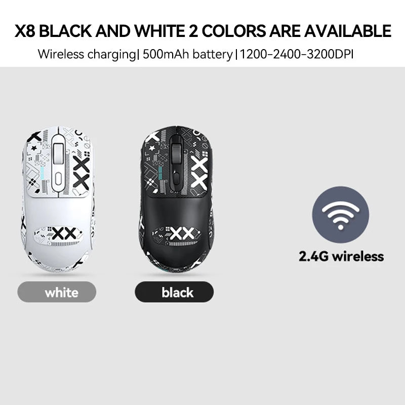 Two wireless gaming mice, one white and one black, with product features listed on a gray background.