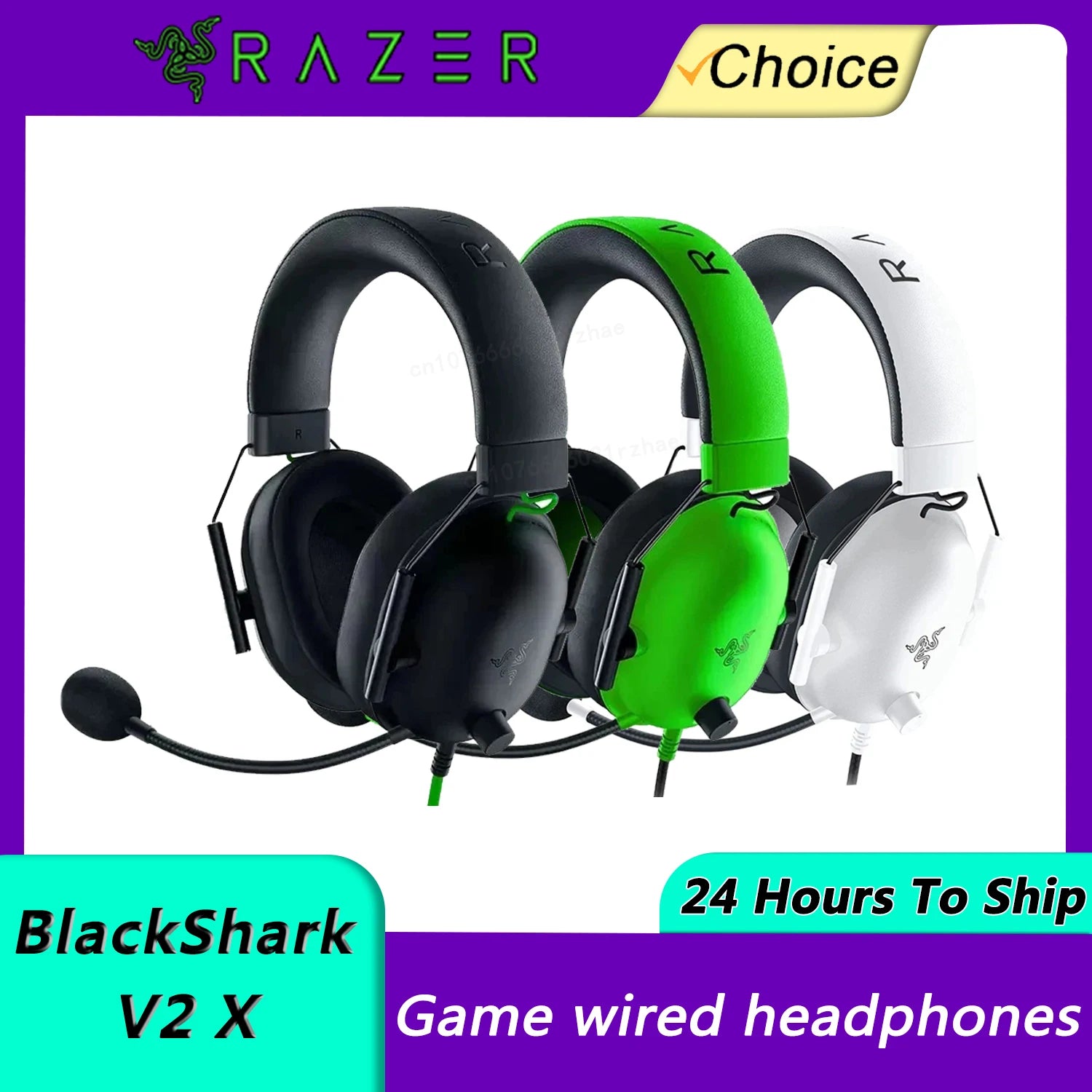 Three gaming headsets in black, green, and white with Razer branding on a purple background.