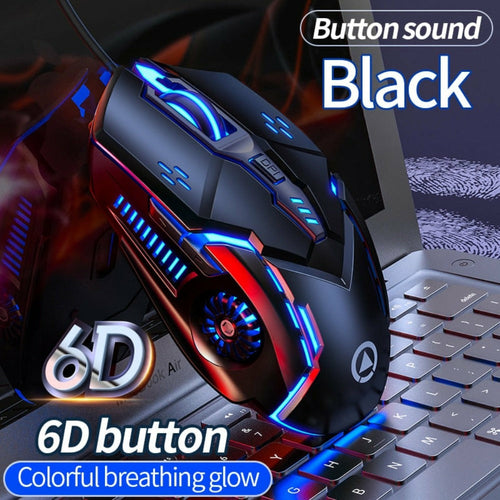 Black gaming mouse with colorful lighting on a laptop keyboard, featuring 'Button sound' and '6D button' text.