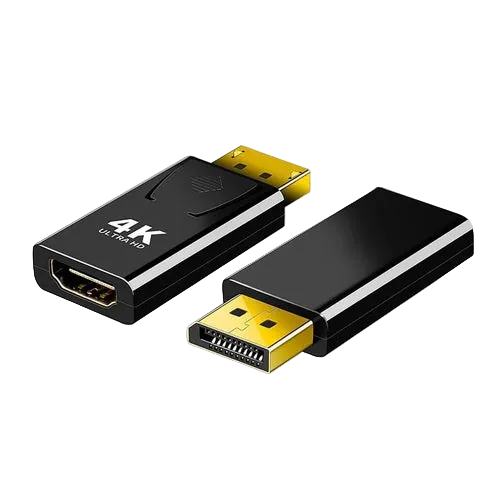 Two USB connectors, one with HDMI and the other with DisplayPort, on a white background.