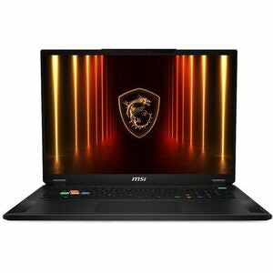 MSI gaming laptop with a prominent logo on the screen against a white background