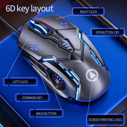 Gaming mouse with labeled buttons on a blue background