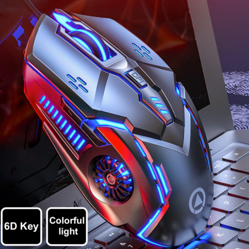 Colorful gaming mouse with LED lights on a laptop keyboard