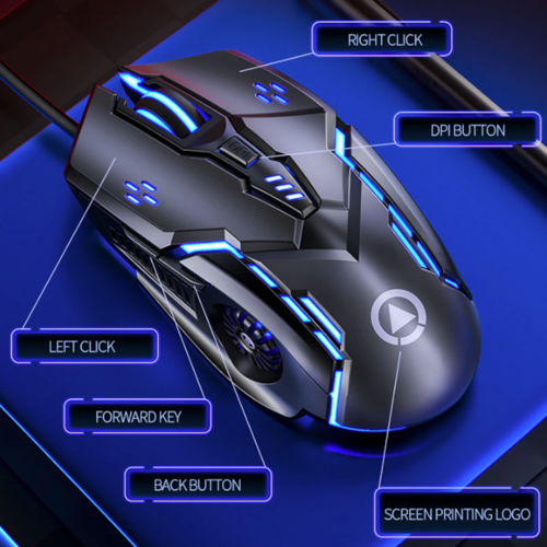 Gaming mouse with labeled buttons on a blue background