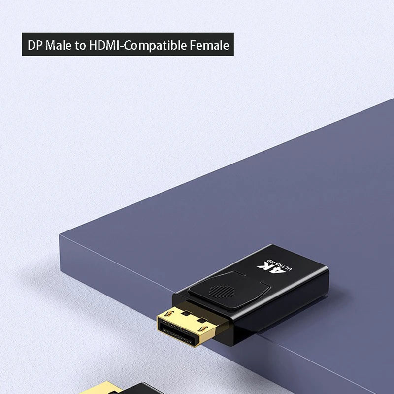DP Male to HDMI-Compatible Female adapter on a light purple background