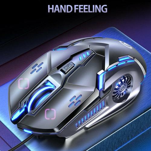 Gaming mouse with blue lighting on a dark background