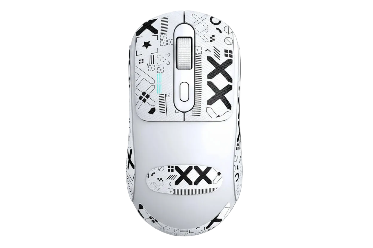 White gaming mouse with black geometric patterns on a white background