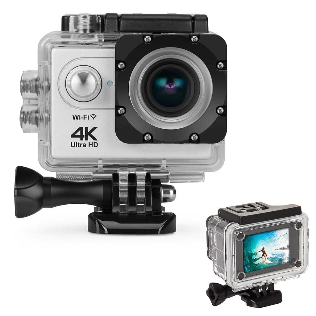 Action camera with 4K Ultra HD label on a white background