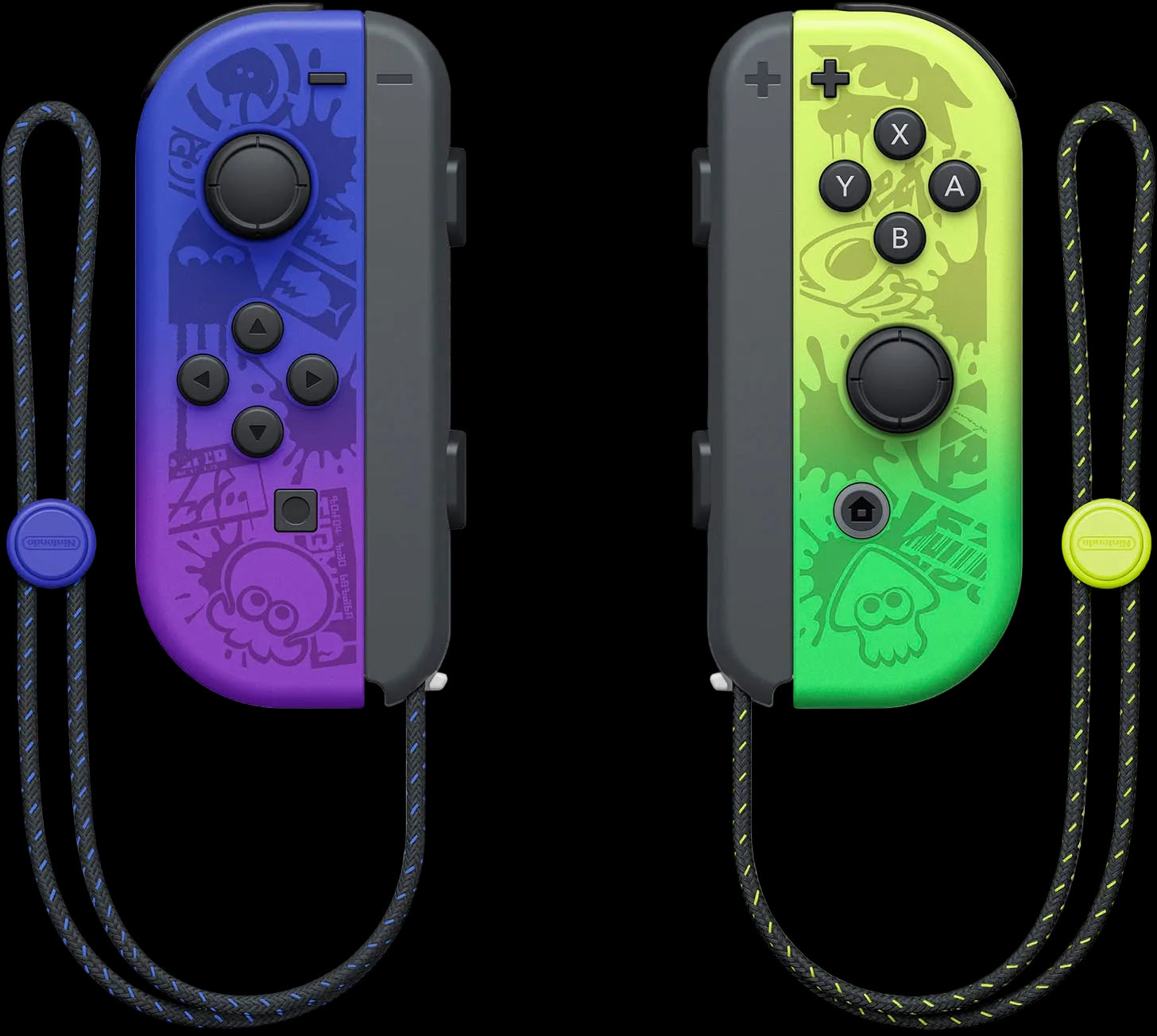 Two gaming controllers, one blue and purple, the other green and black, on a white background.