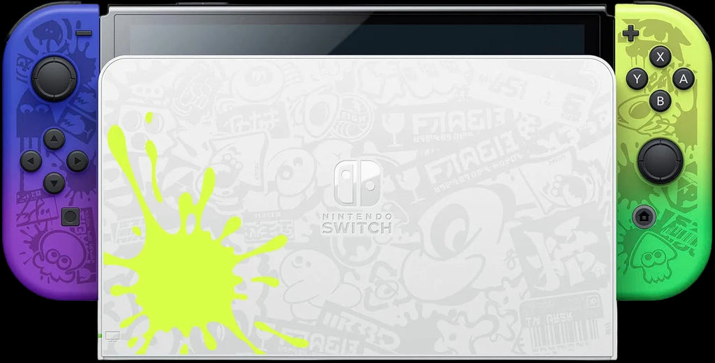 Nintendo Switch console with purple and green Joy-Con controllers on a white background