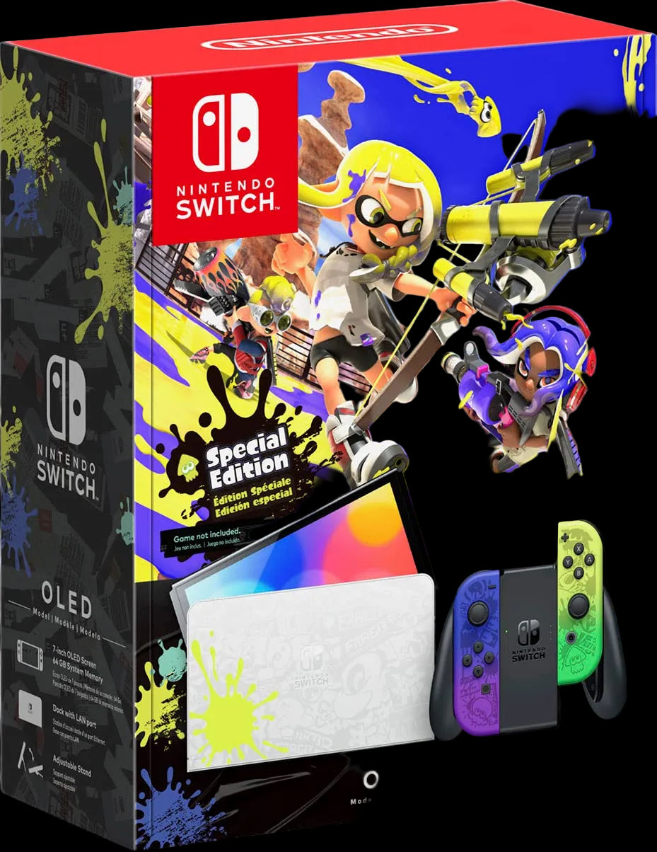 Nintendo Switch OLED console packaging with colorful design and character illustration