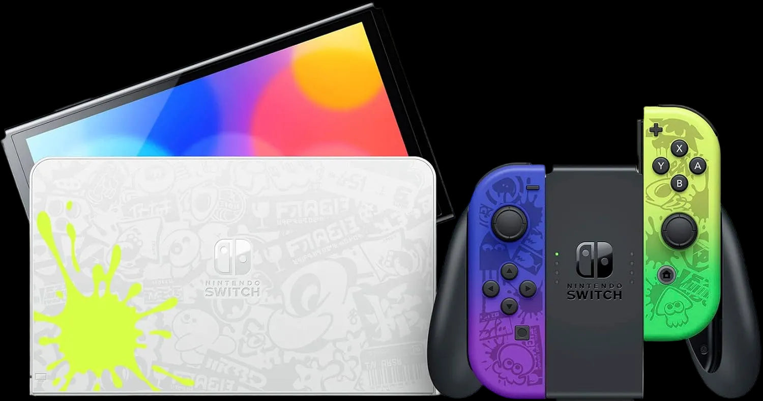 Nintendo Switch console with colorful Joy-Con controllers on a white background