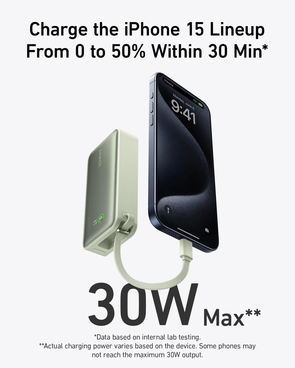 Phone charger with text about charging the iPhone 15 lineup, showing a 30W max output.
