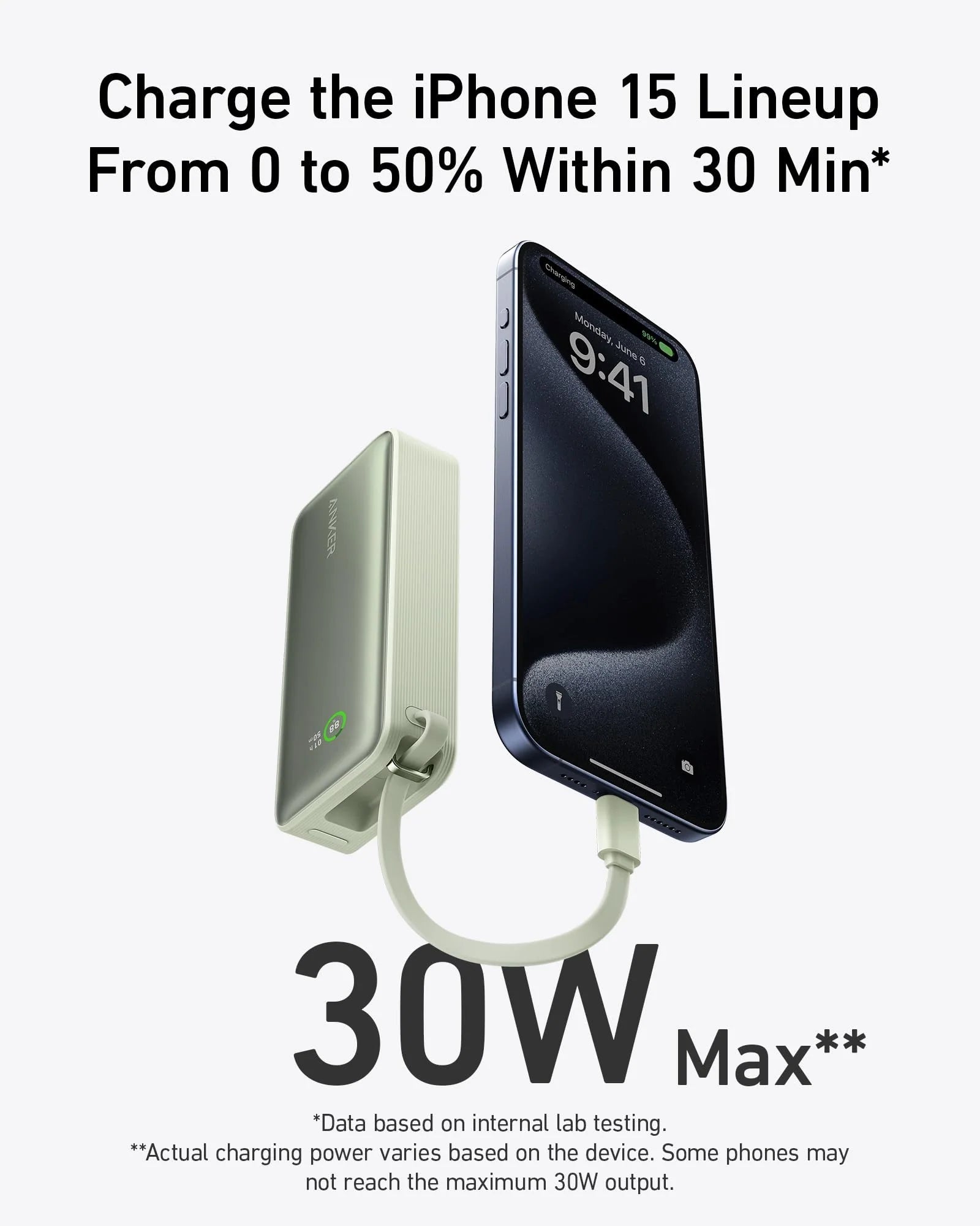 Phone charger with text about charging the iPhone 15 lineup, showing a 30W max output.