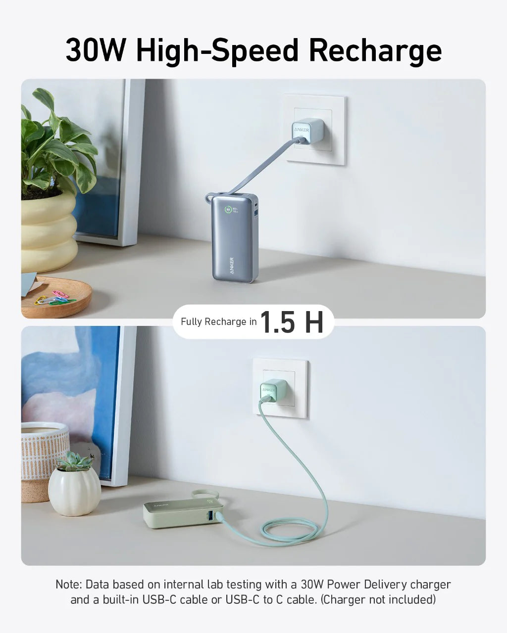30W high-speed recharge device with text indicating 1.5 hours to fully charge, set against a minimal indoor background.