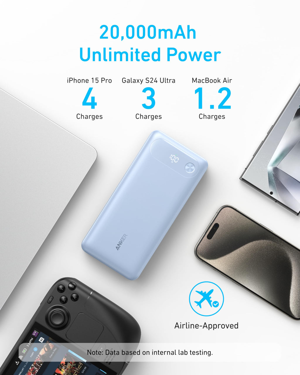 Portable power bank with charging capacity for Apple devices on a white background