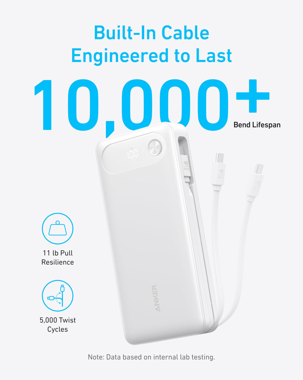 White power bank with text about built-in cable lifespan on a white background