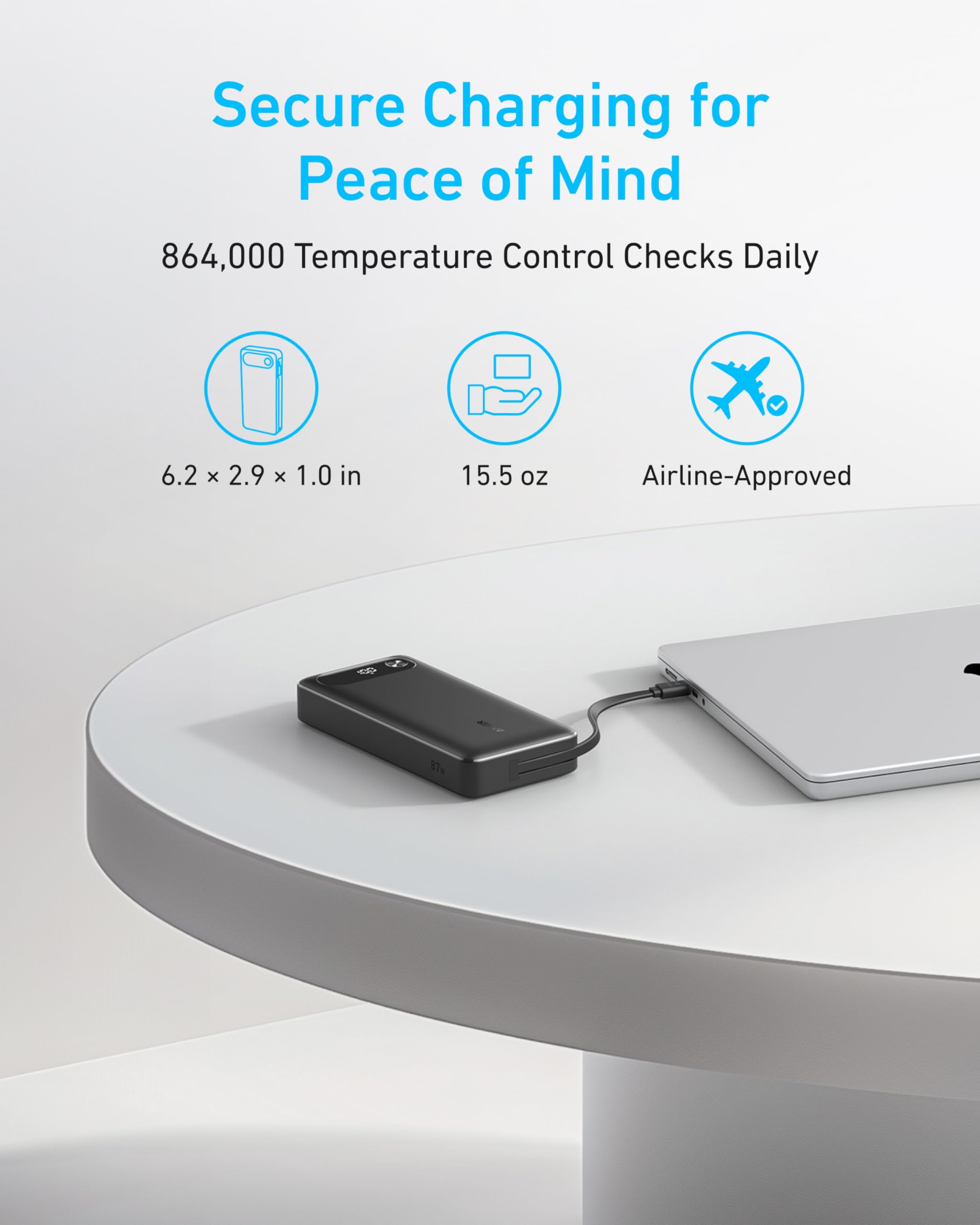 Portable device charging a laptop with text about secure charging and temperature control checks.