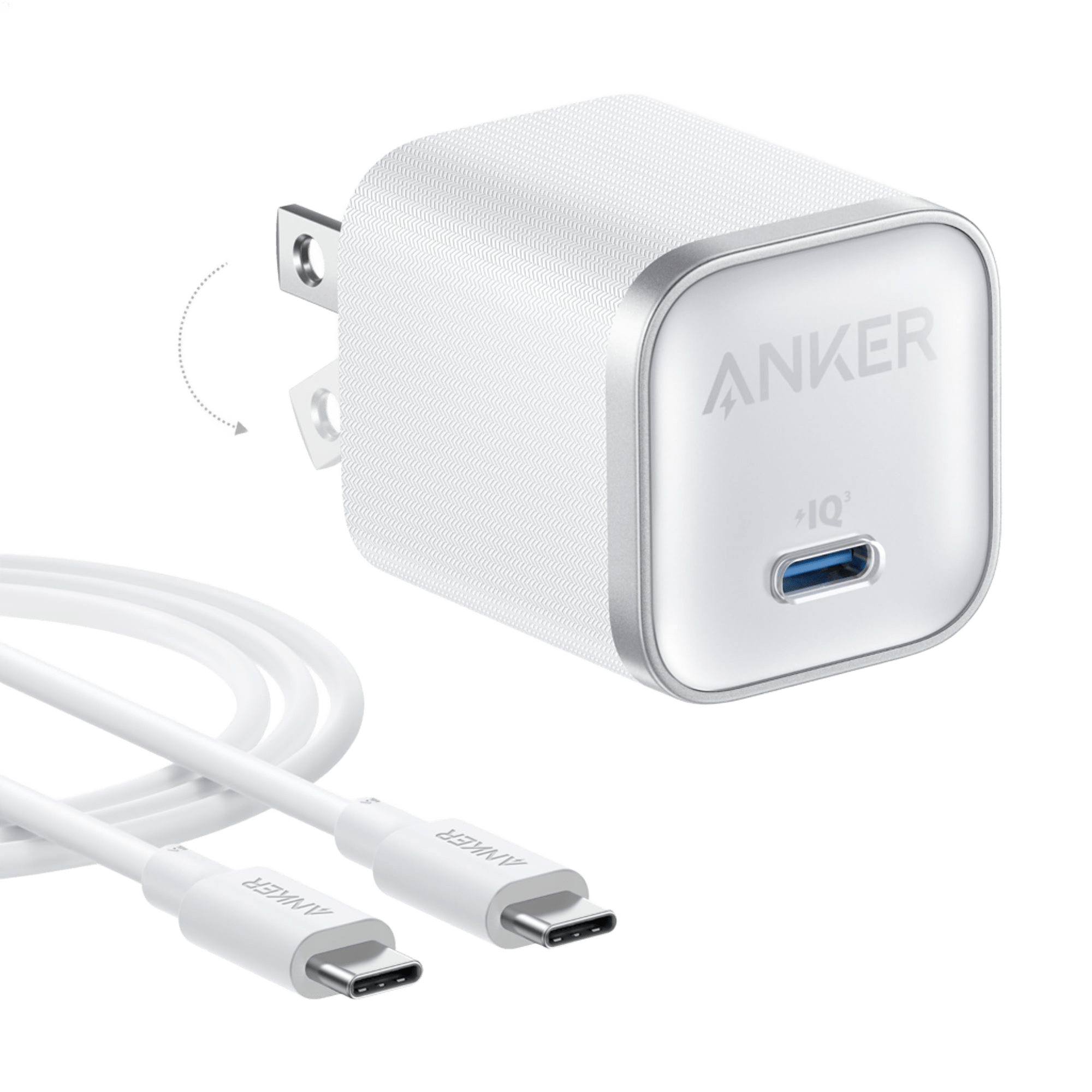 Anker power adapter with USB-C cable on a transparent background