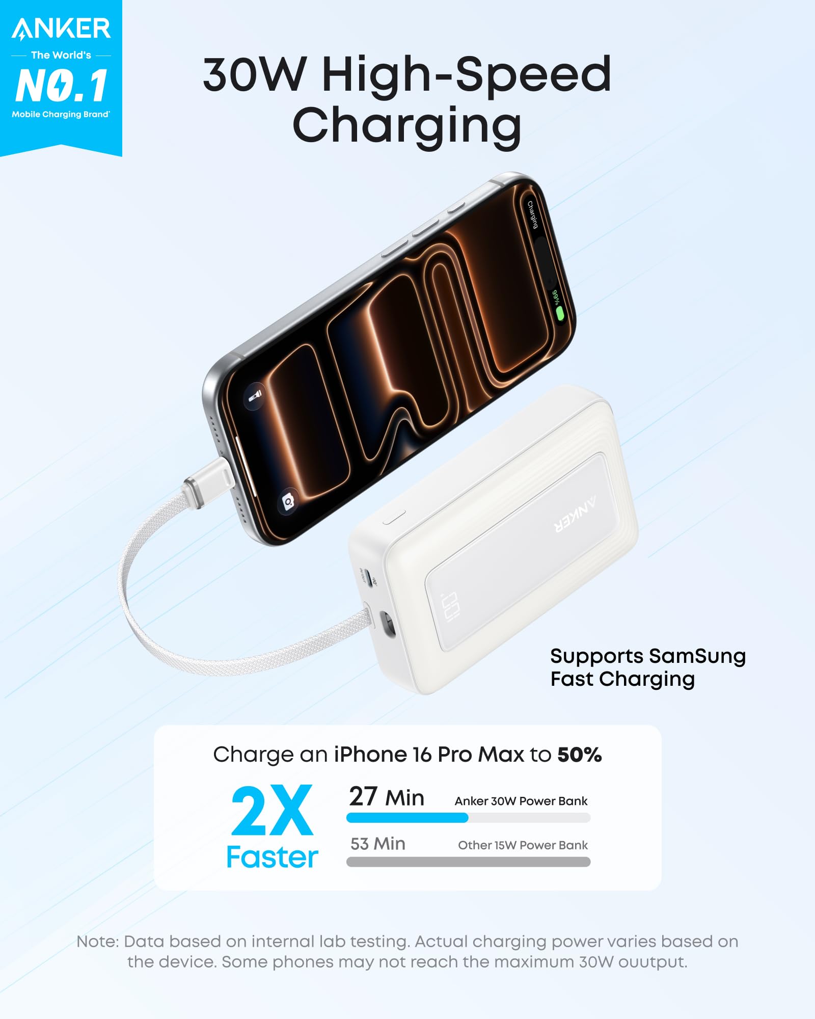 Anker power bank with smartphone charging on a light blue background