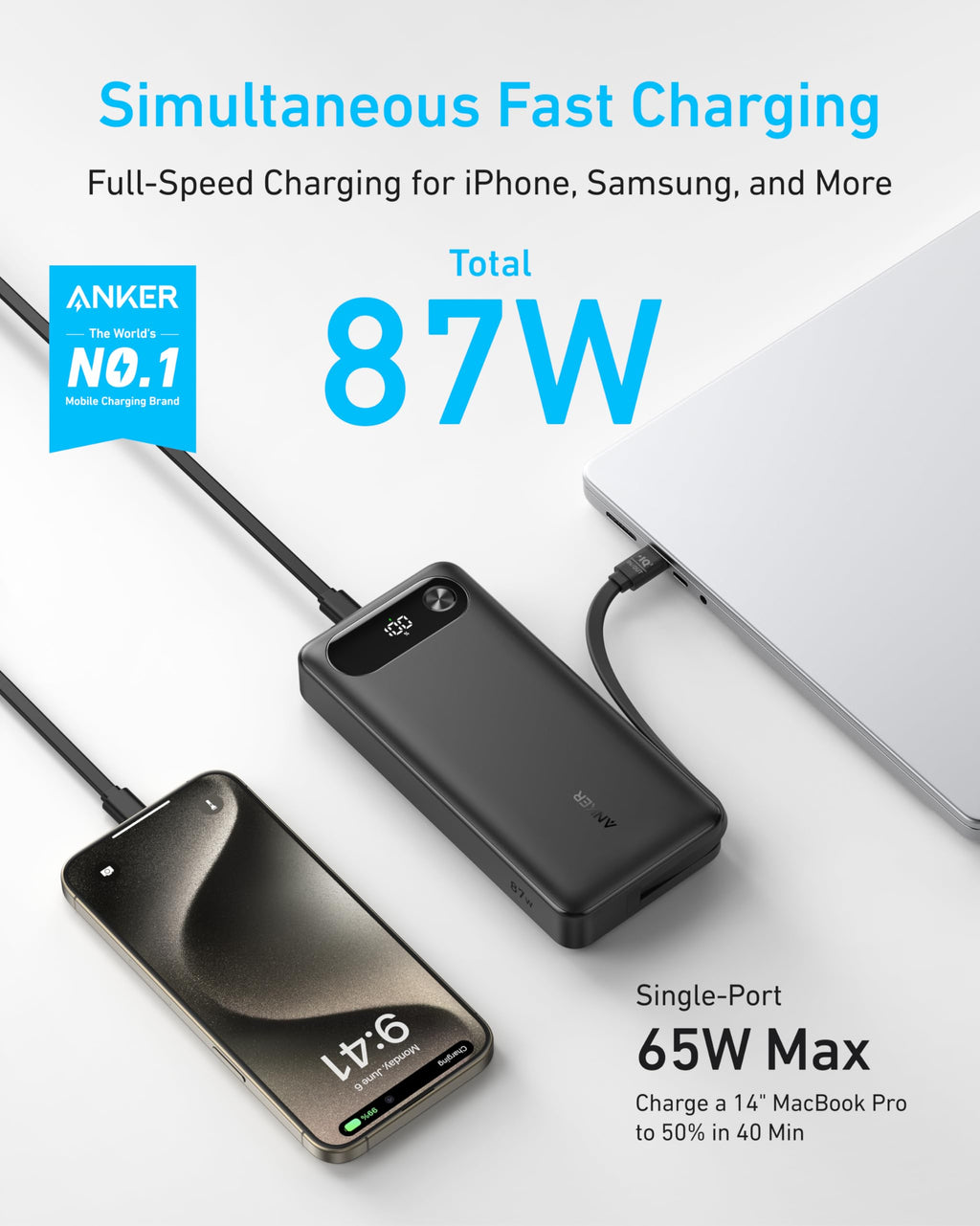 Anker charging device with text about simultaneous fast charging for various devices on a white background.