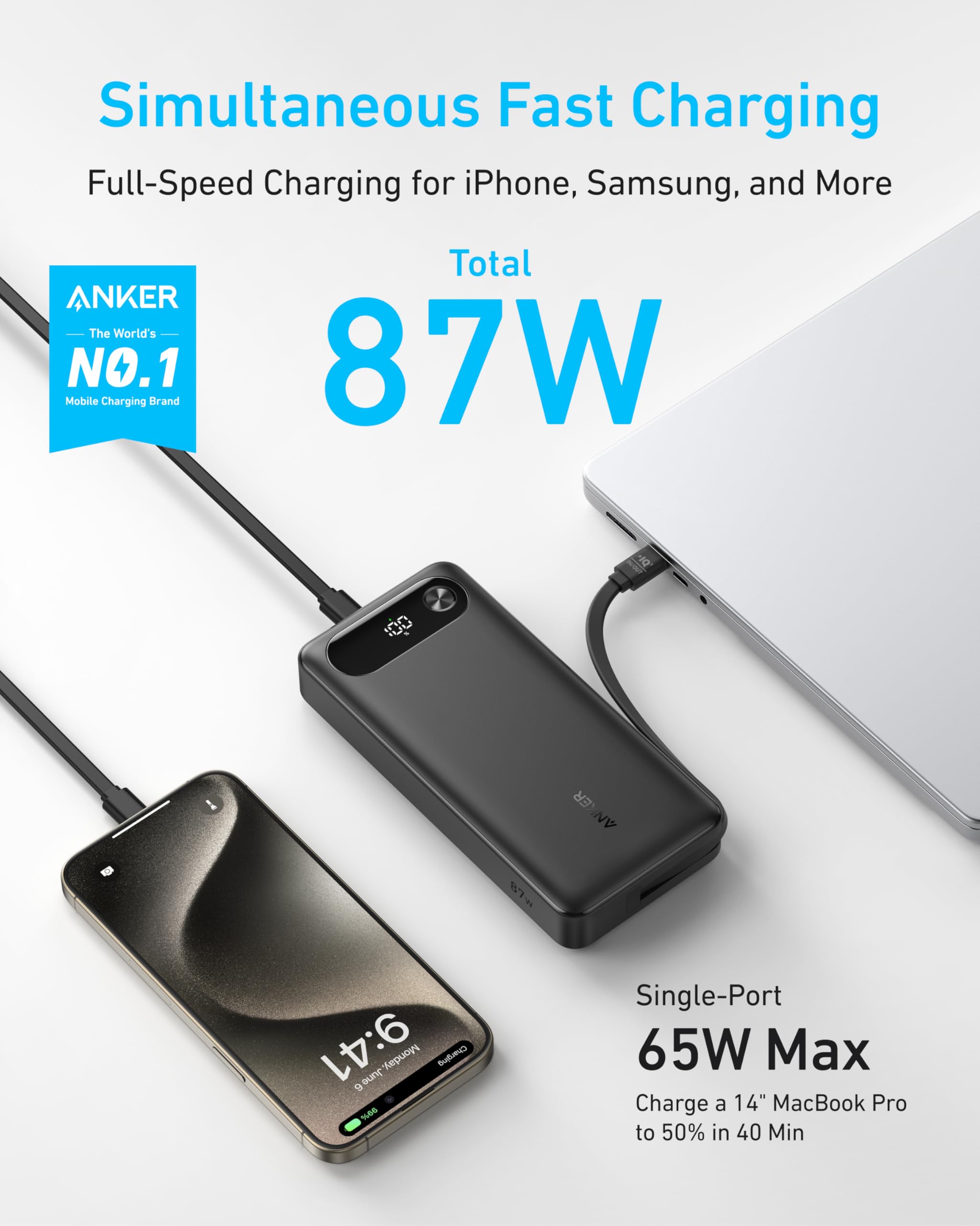 Anker charging device with text about simultaneous fast charging for various devices on a white background.