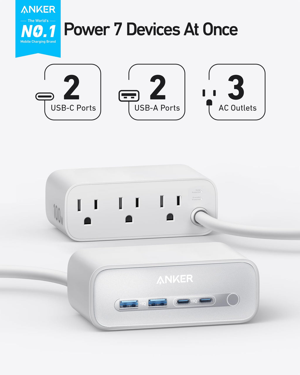 Anker power strip with multiple ports on a white background