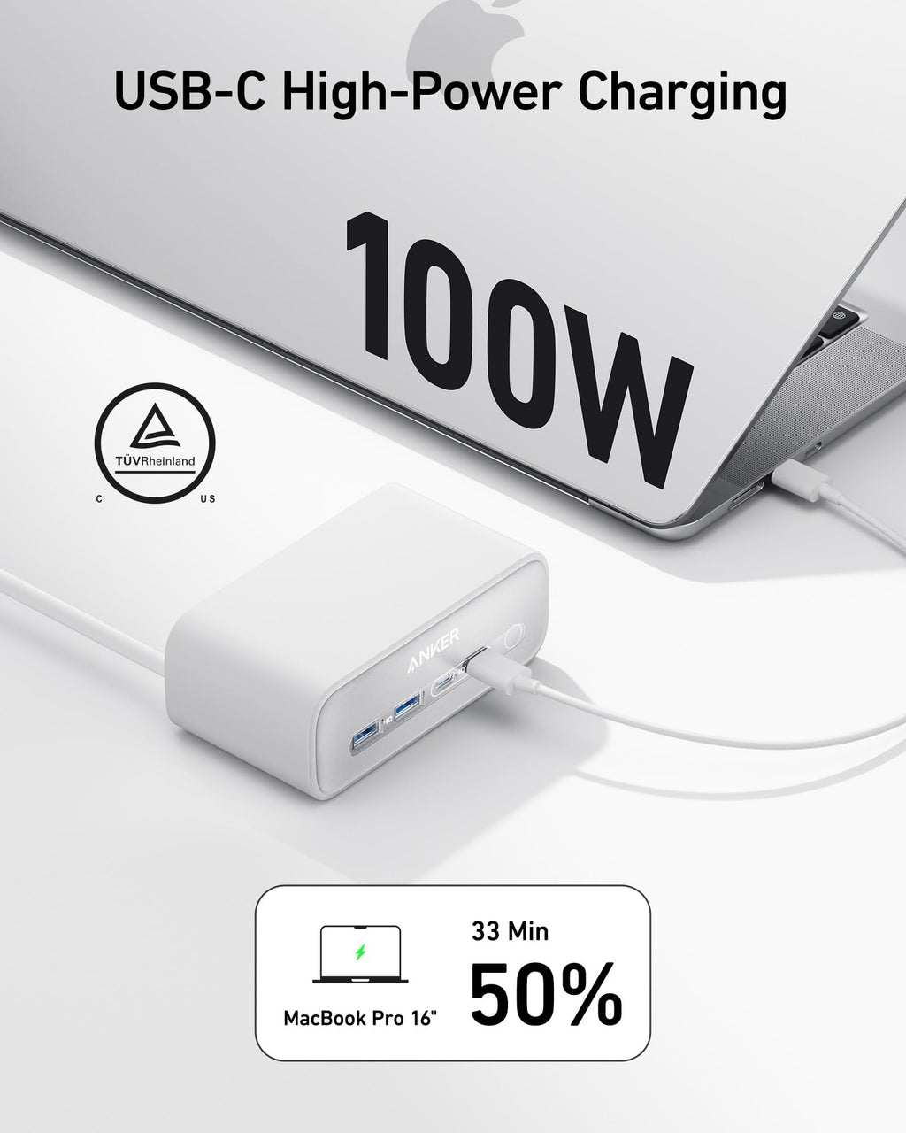 USB-C high-power charging adapter with laptop and charging time display on a white background