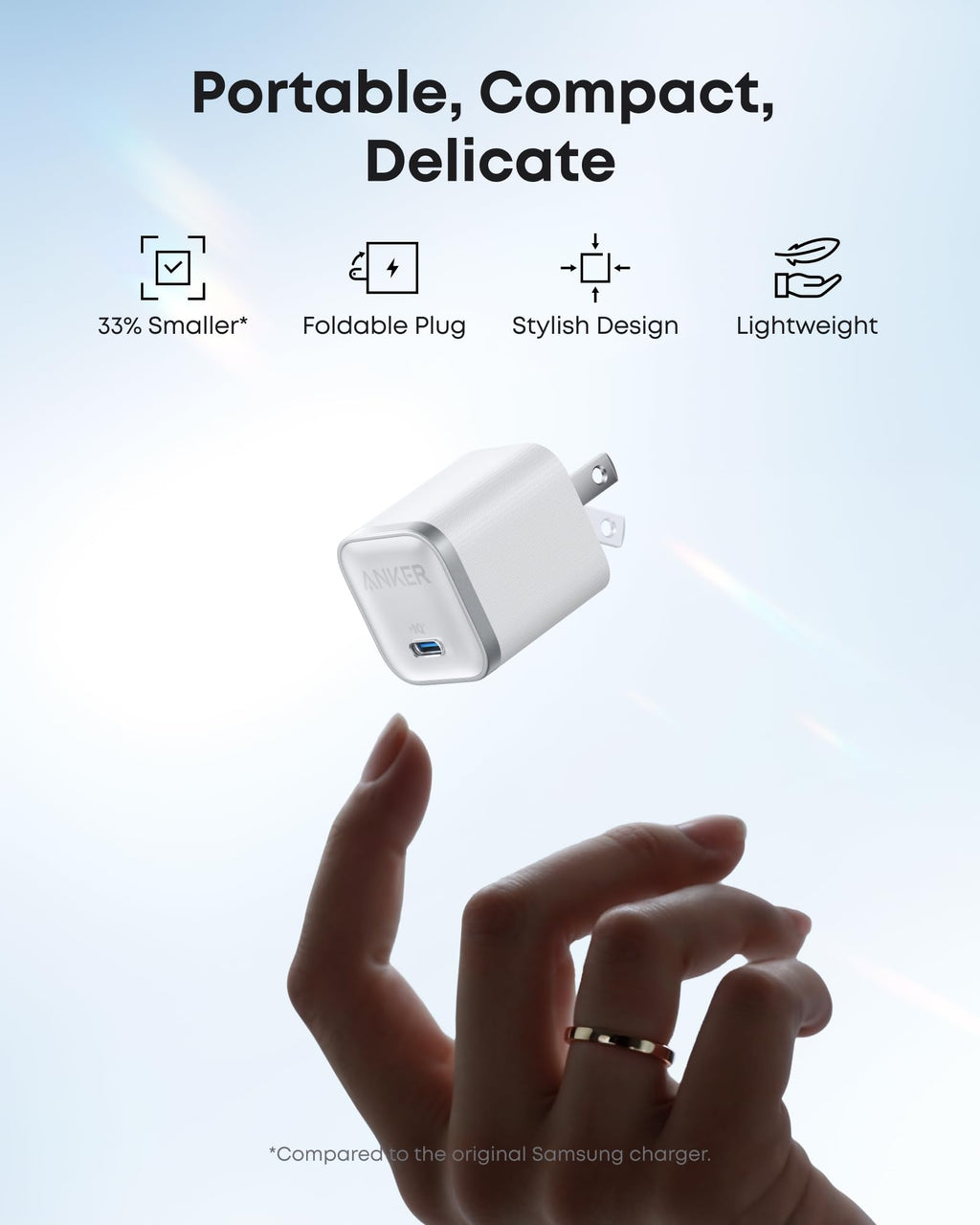 White charging adapter held by a hand with text highlighting features on a light blue background