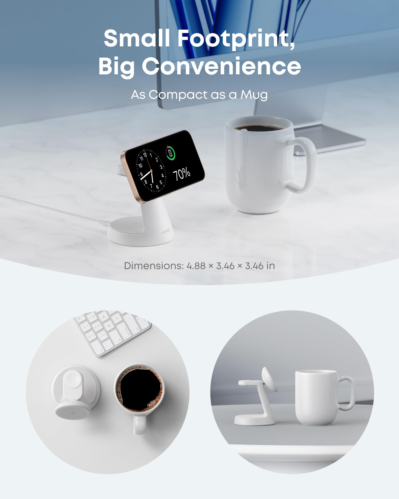 Product with text 'Small Footprint, Big Convenience' on a white surface with coffee and phone.
