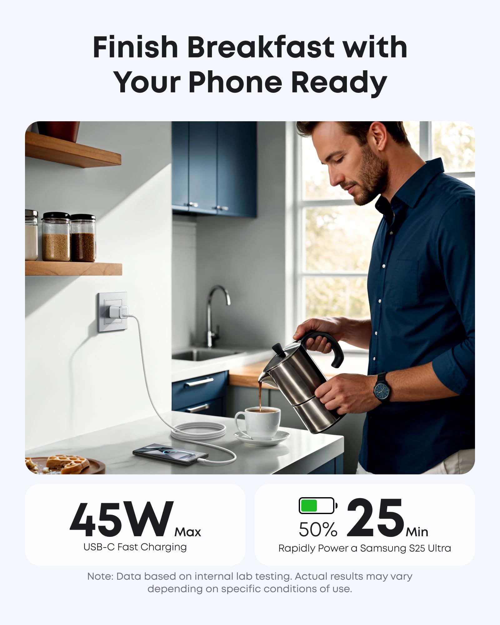 Person using a smartphone to charge a coffee maker in a kitchen setting.
