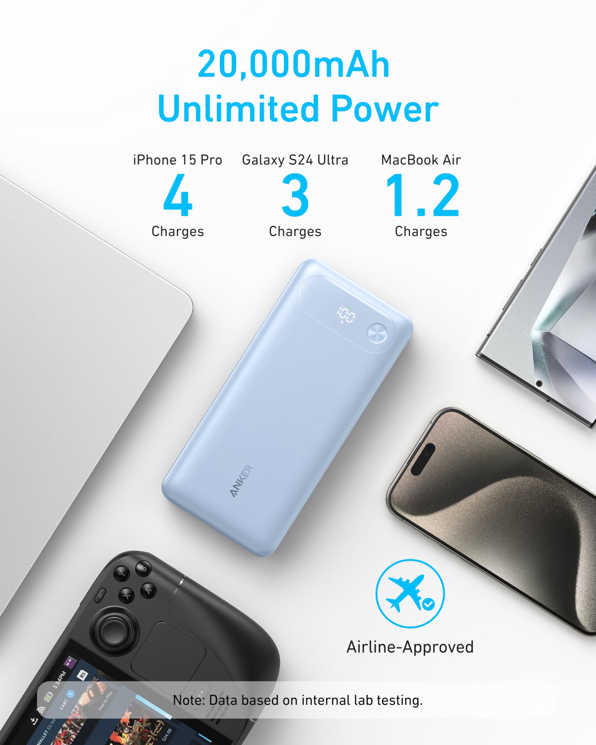 Portable power bank with charging capacity for Apple devices on a white background