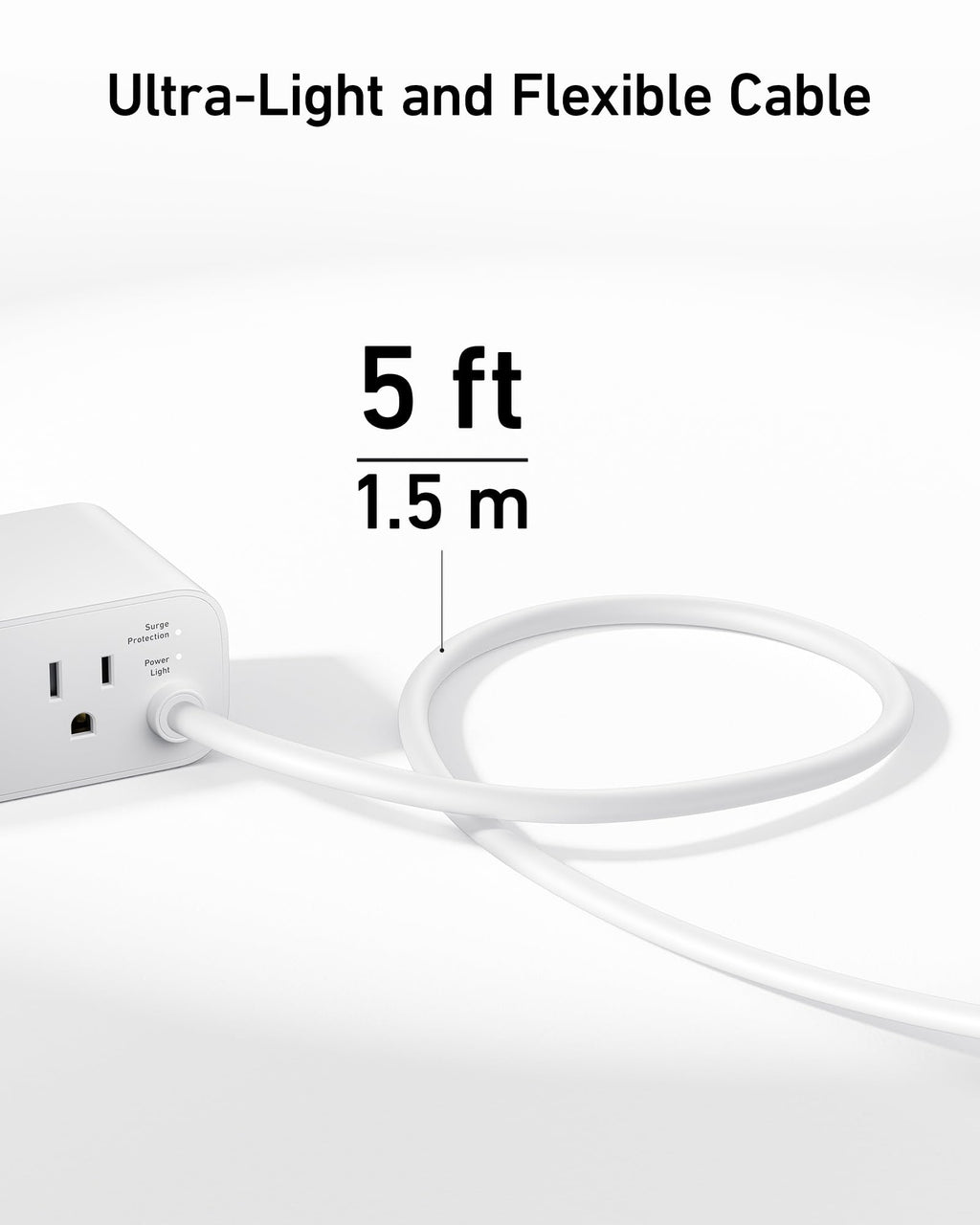 White power strip with a 5-foot cable on a white background