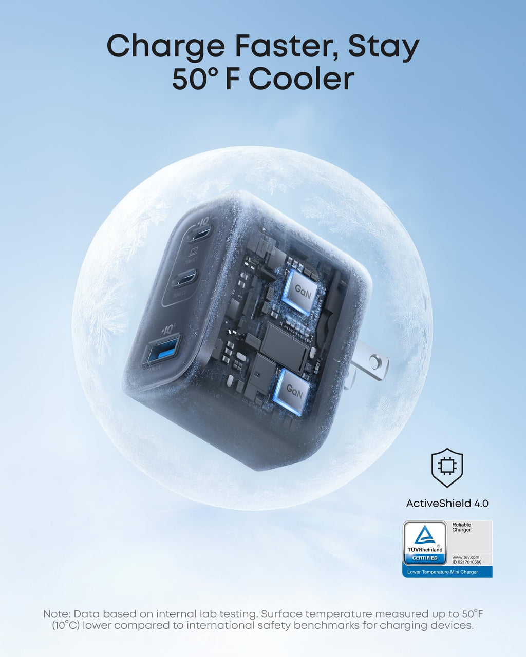 Power adapter with cooling technology on a blue background